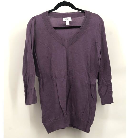 Ann Taylor Loft Women's 100% Pima Cotton VNeck Sweater Long Sleeve Size L Purple - Picture 1 of 4